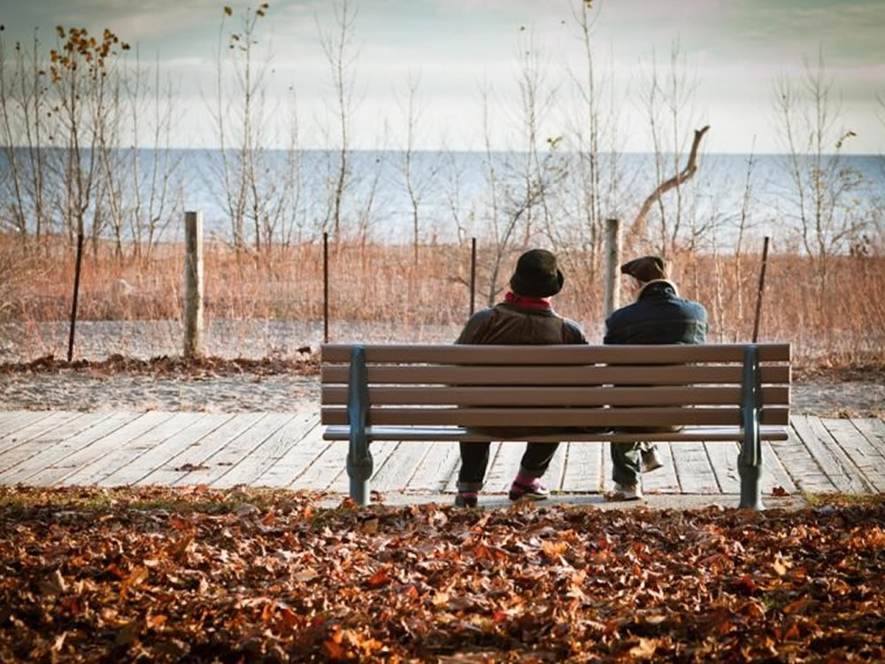 Couple of senior men on bench, discussing Social Security changes